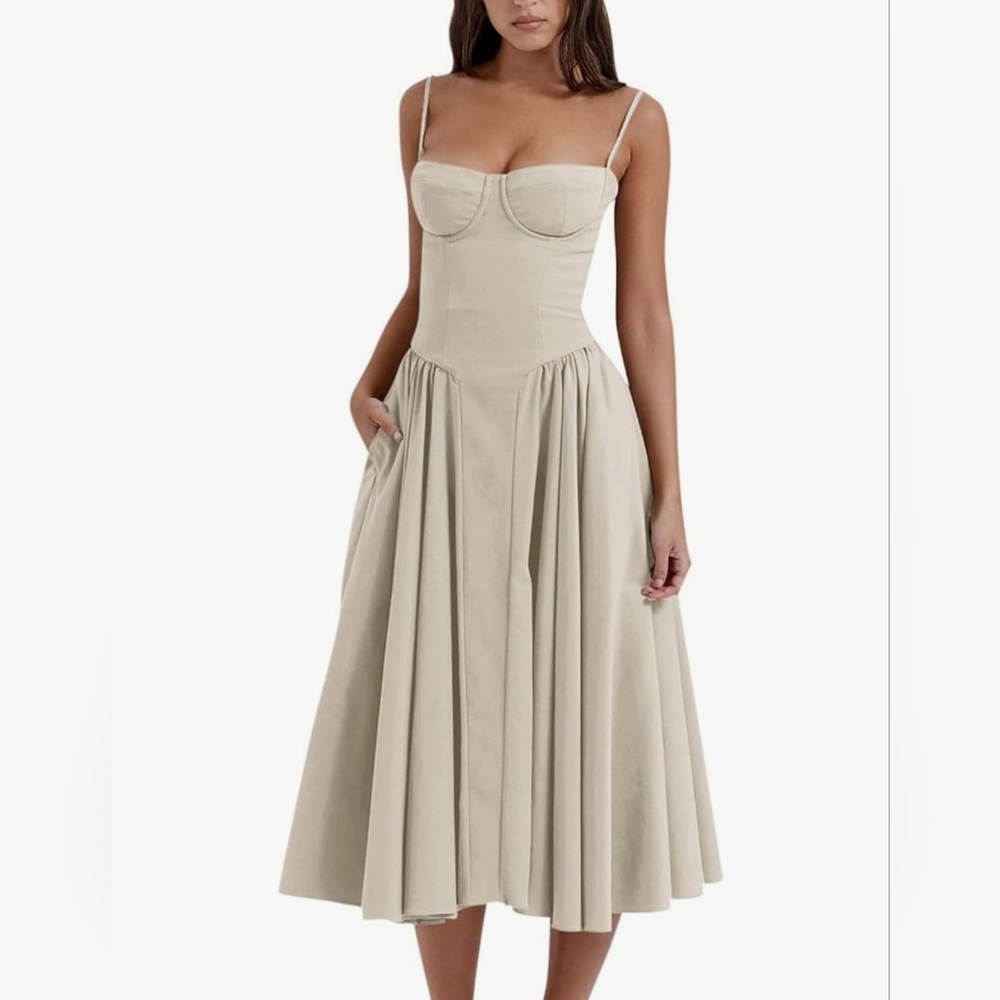 Women's Nude Cream Midi Dress with Spaghetti Straps - Picture 2 of 6